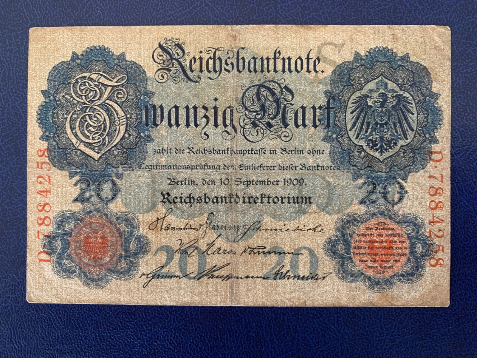 1909 GERMAN 20 MARK BANKNOTE-VERY GOOD
