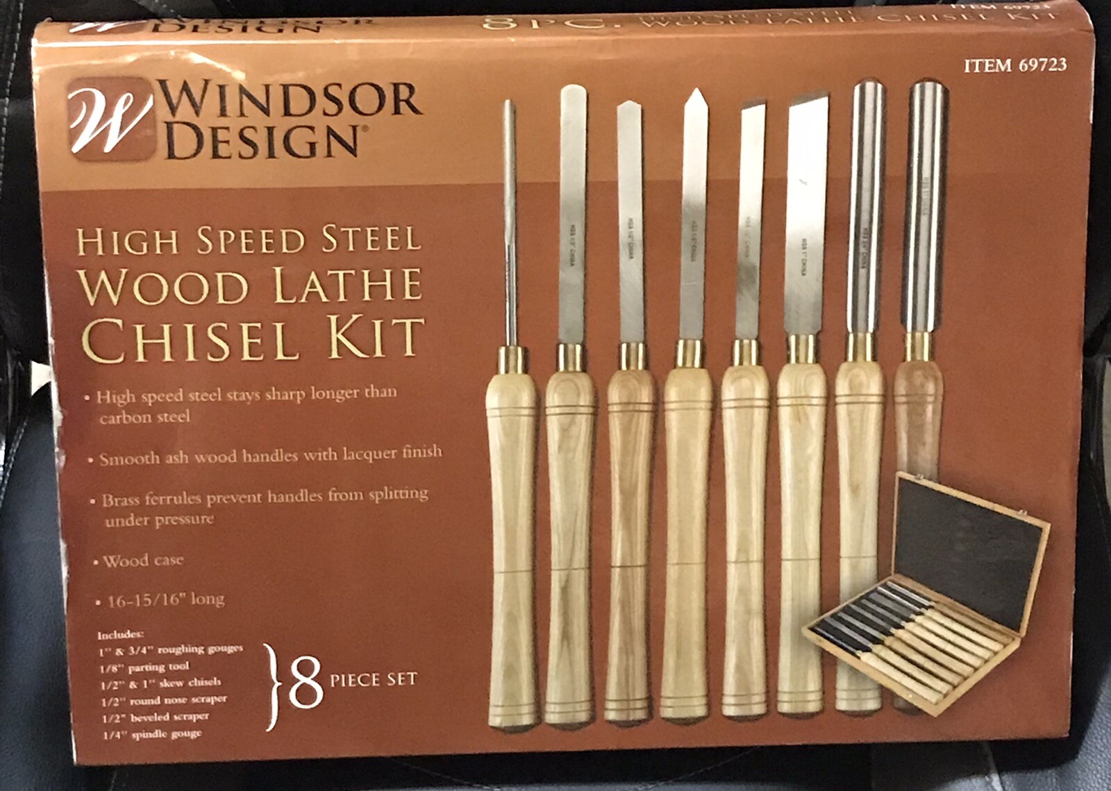 WINDSOR DESIGN 8pc High Speed Steel Wood Lathe Chisel Kit w/Wood Case #69723