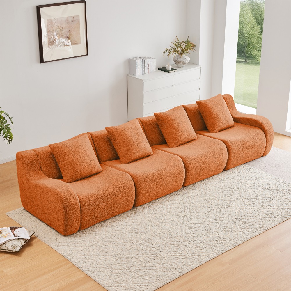 4-Seat Teddy Fabric Sofa, No Assembly Required w/ Curved Armrests, Orange