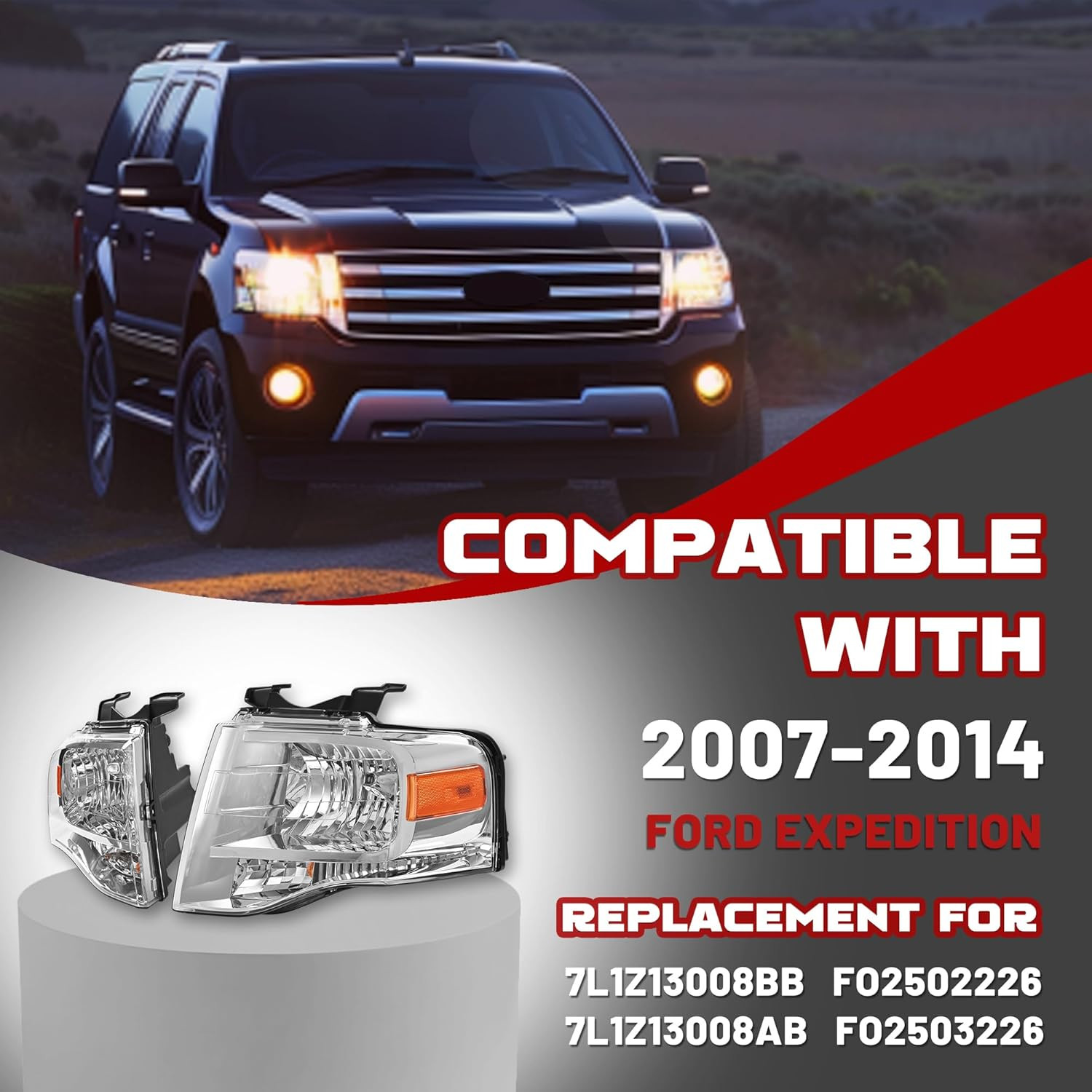 Pair Headlight Compatible with 2007-2014 Ford Expedition, Halogen Headlamp Front
