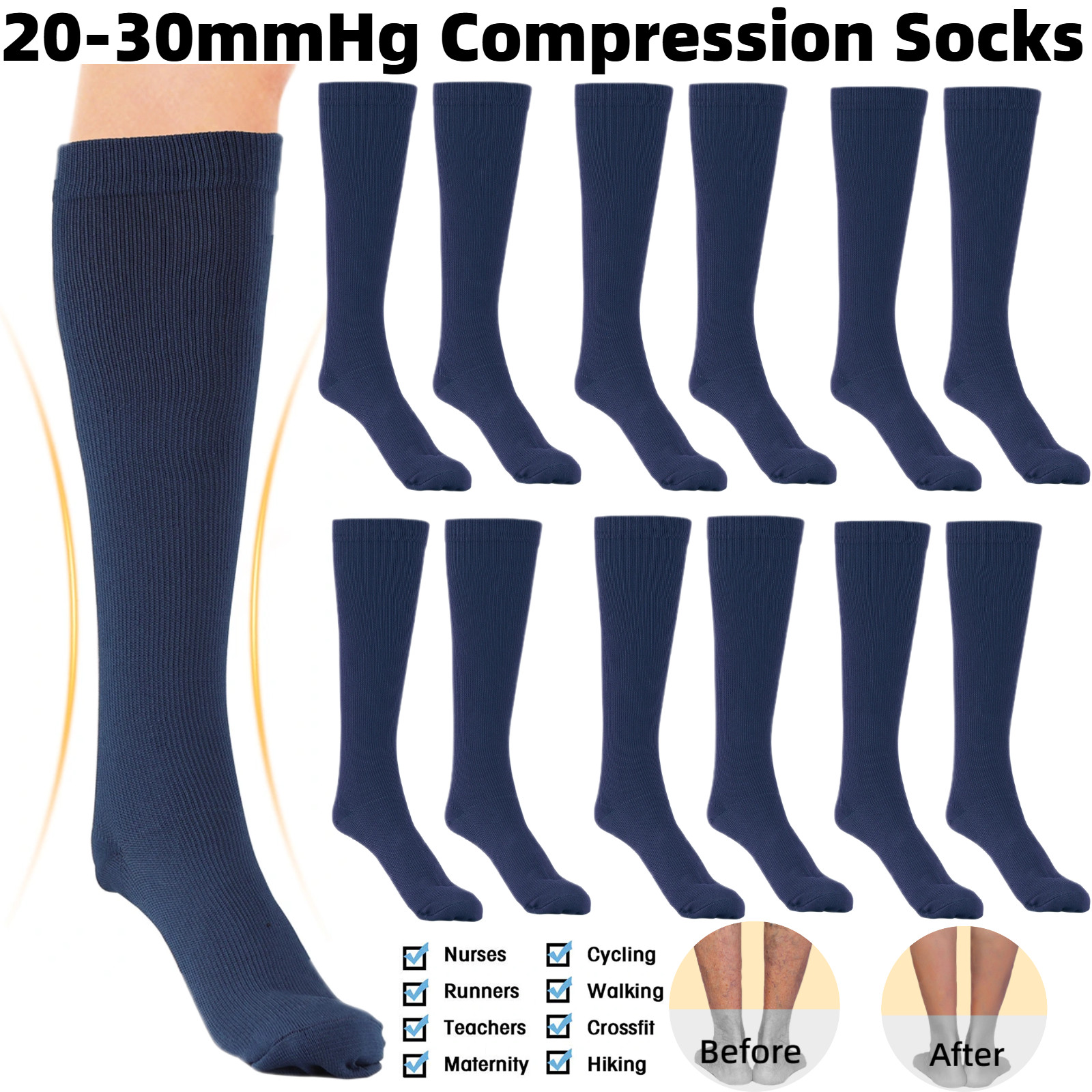 (6 Pairs)20-30mmHg Graduated Compression Support Socks Knee High Men Women S-XXL