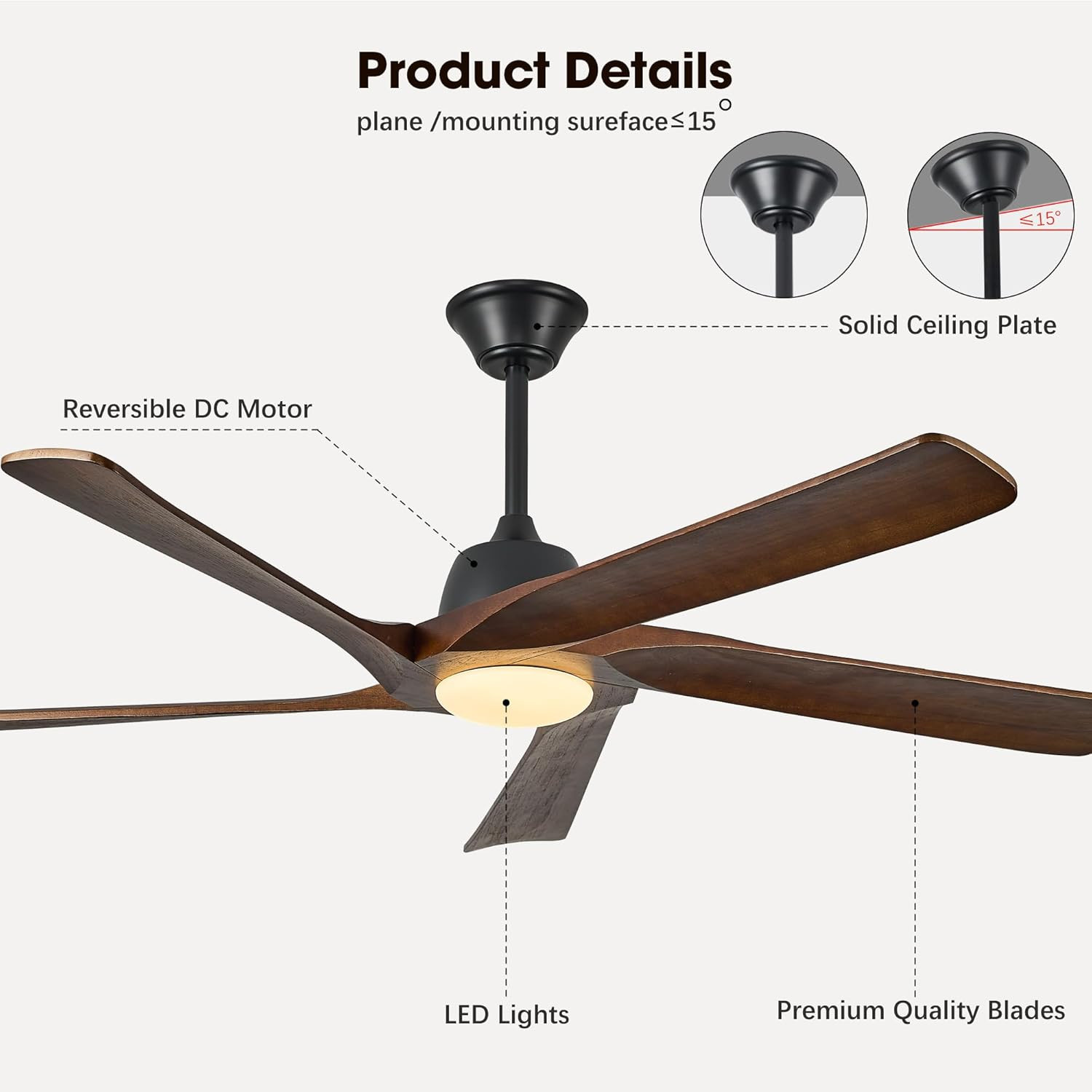 60" DC Solid Wood Ceiling Fan with Lights, (Dark Walnut) | Remote & APP Control,