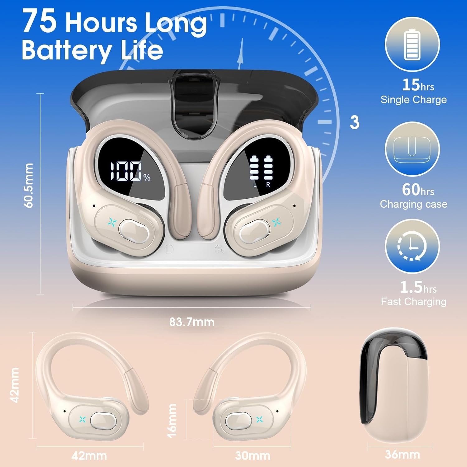 Wireless Earbuds 75hrs Bluetooth 5.4 Headphone Sport, 2026 Bluetooth Earbuds ...