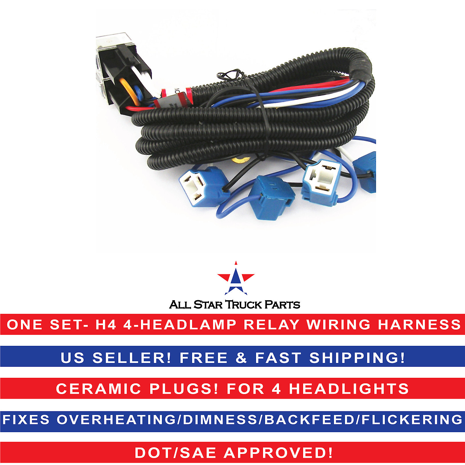 4-Headlight Relay Wiring Harness H4 Headlamp Light Bulb Ceramic Socket Plugs Set