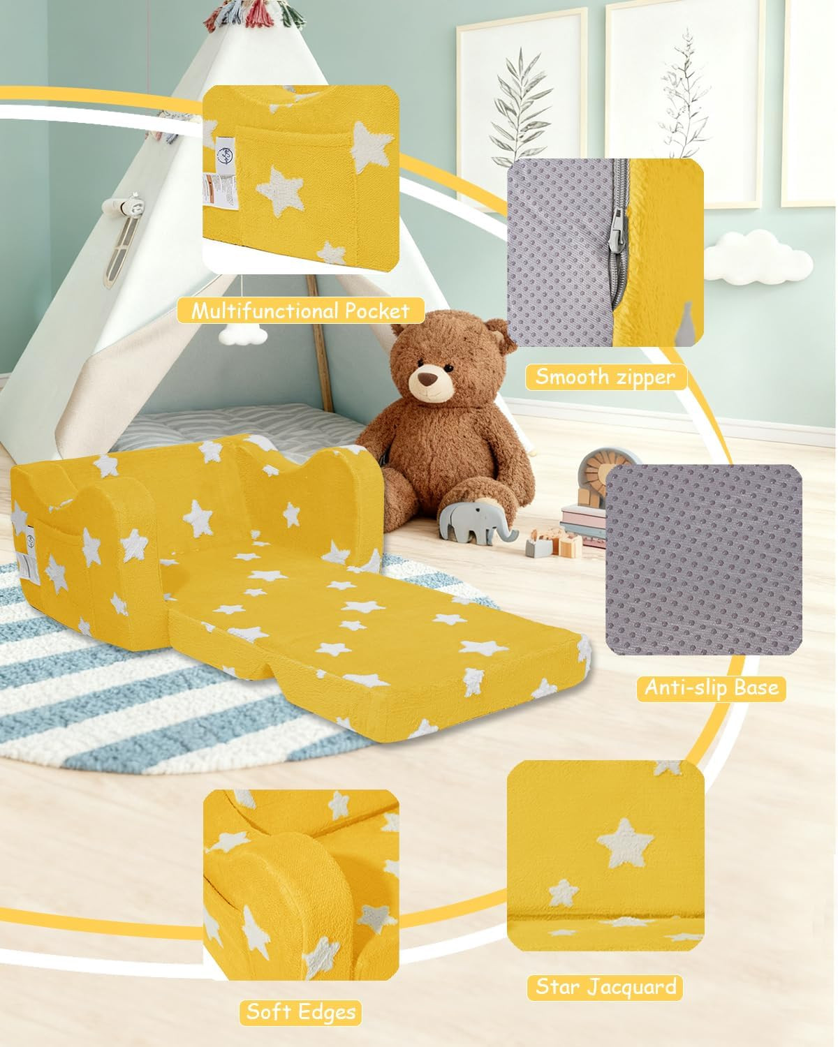Toddler Couch, Kids Couch for Toddler Fold Out, 2-In-1 Convertible Kid Sofa to L