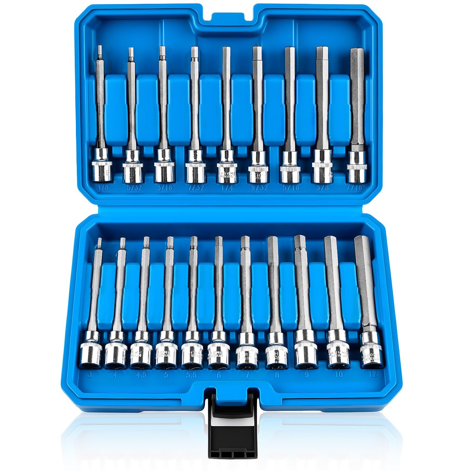 20PCS Extra-Long Allen Hex Bit Socket Set, 3/8 Inch Drive Allen Socket Set, SAE