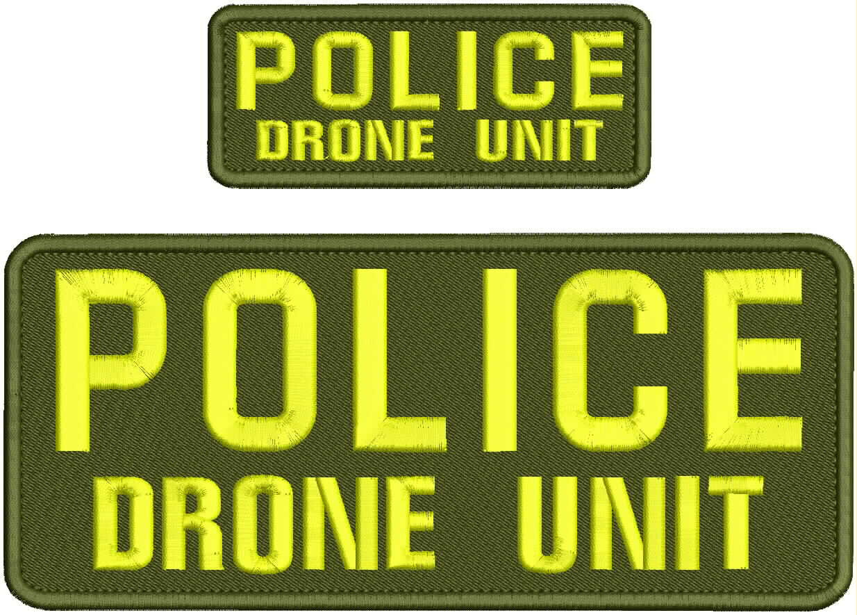POLICE DRONE UNIT EMBROIDERY PATCH 4X10 AND 2X5 Velcr@ On Back yellow & od green