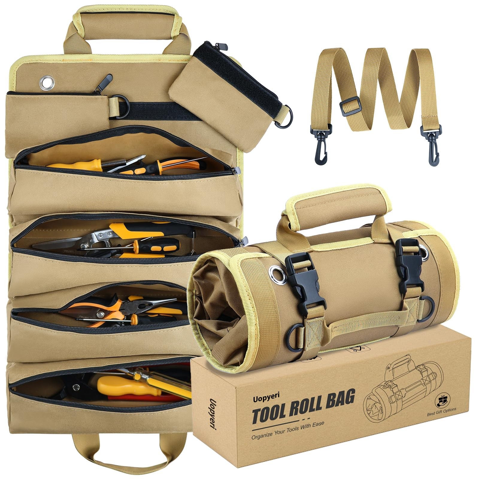 Roll Up Tool Bag Heavy Duty Organizer w/ Detachable Zipper Pouches Khaki