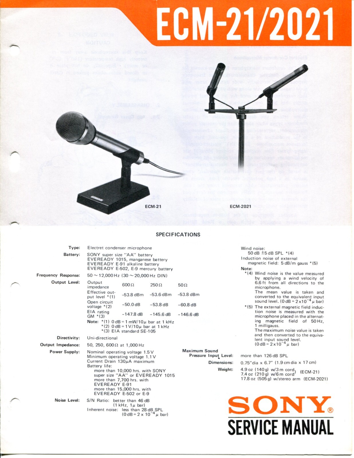 Sony Model ECM-21/2021 Electret Condenser Microphone Service Manual