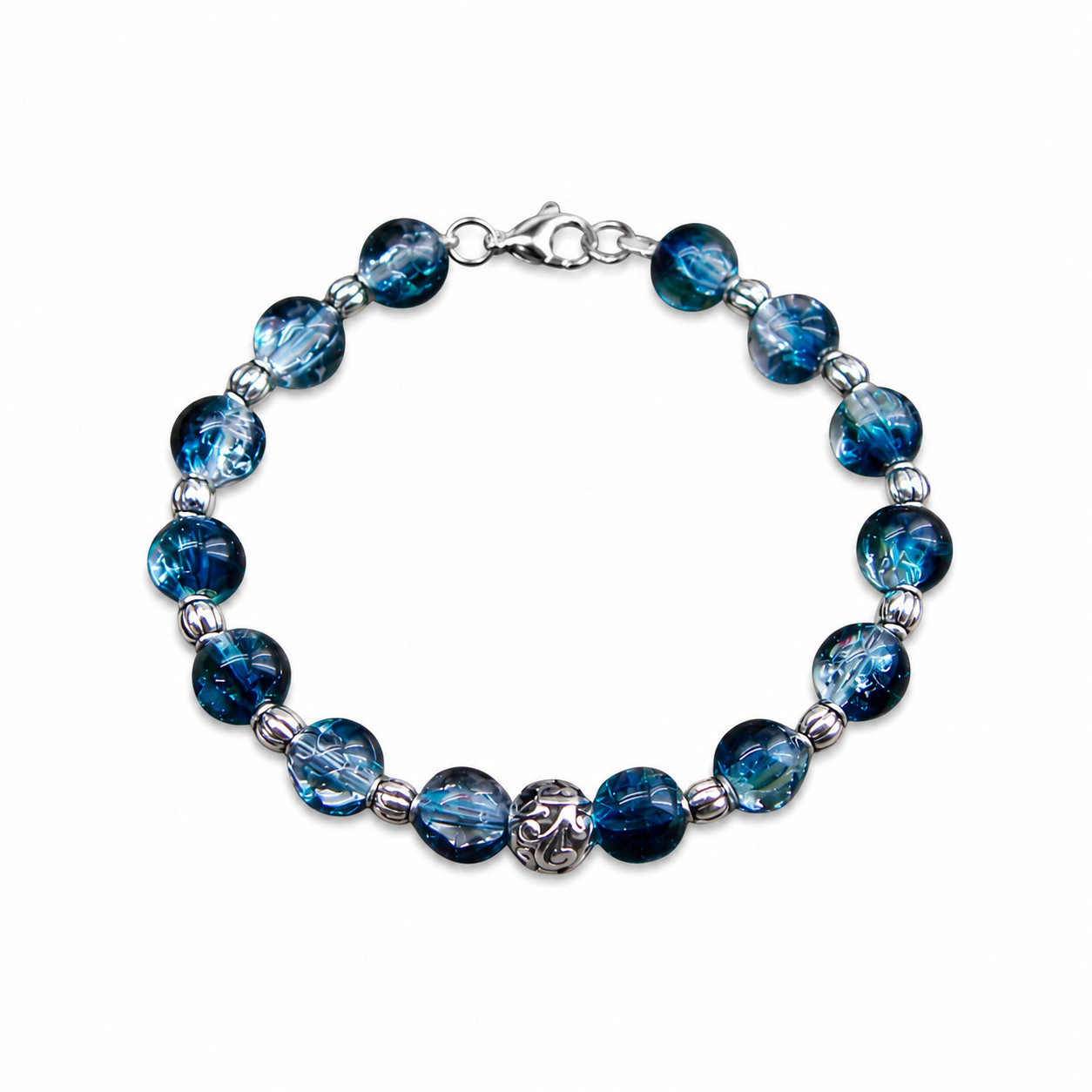 Ink Blue Crackle Glass Bracelet • Silver Filigree Center Bead • Great Gift Idea