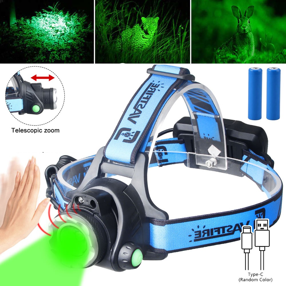 GREEN LED Rechargeable Headlamp Lighting Zoomable with Motion Sensor