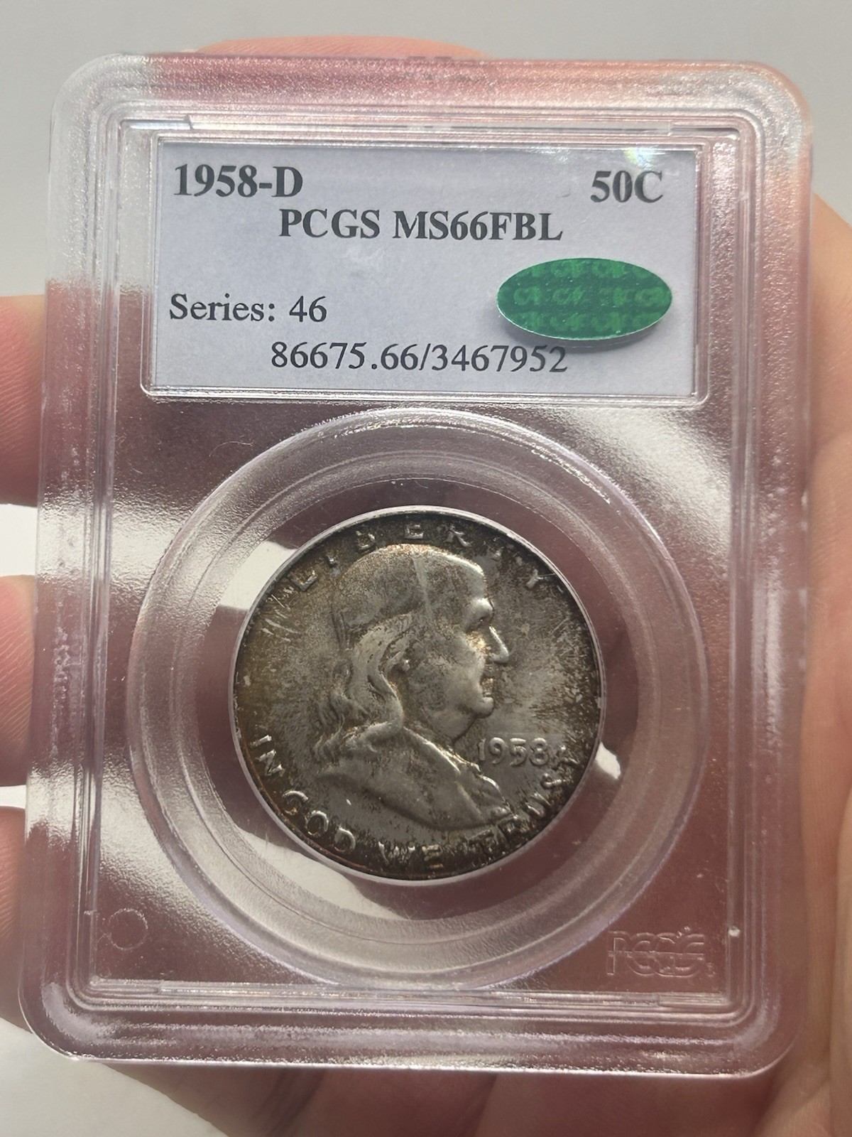 1958 D Franklin Half Dollar PCGS MS 66 FBL (CAC) Colorful Rainbow Toned Gem Type