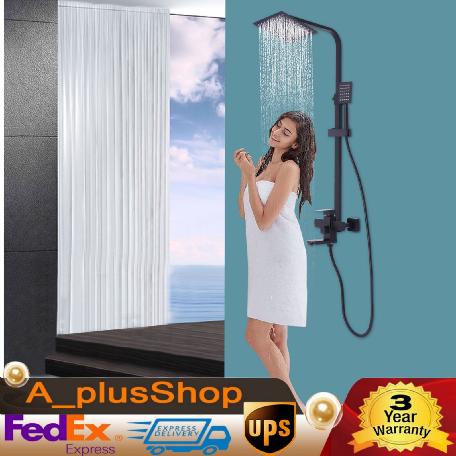 Shower Faucet Set System Rainfall Shower Head Combo w/Mixer Valve Kit Wall Mount