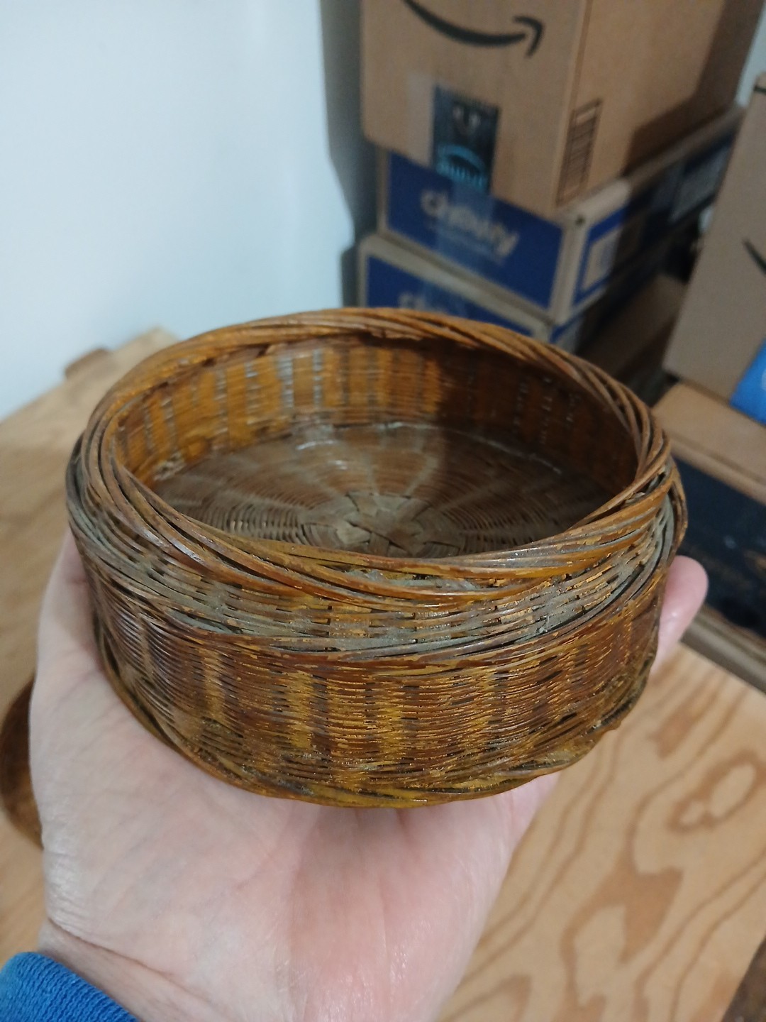 Antique Woven Wicker Sewing Or Storage Basket With Lid