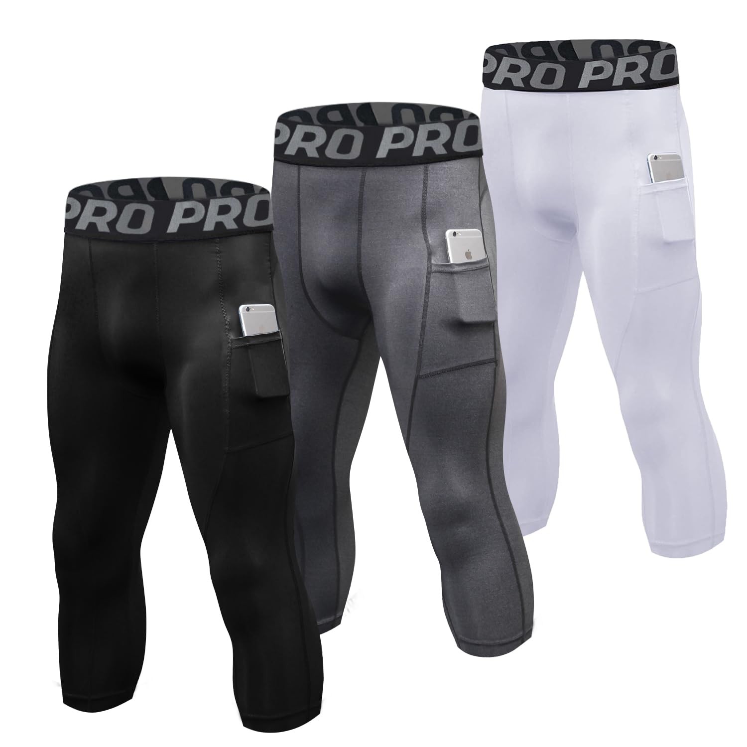 YUSHOW 3 Pack 3/4 Men's Compression Pants Athletic Medium, Black+grey+white