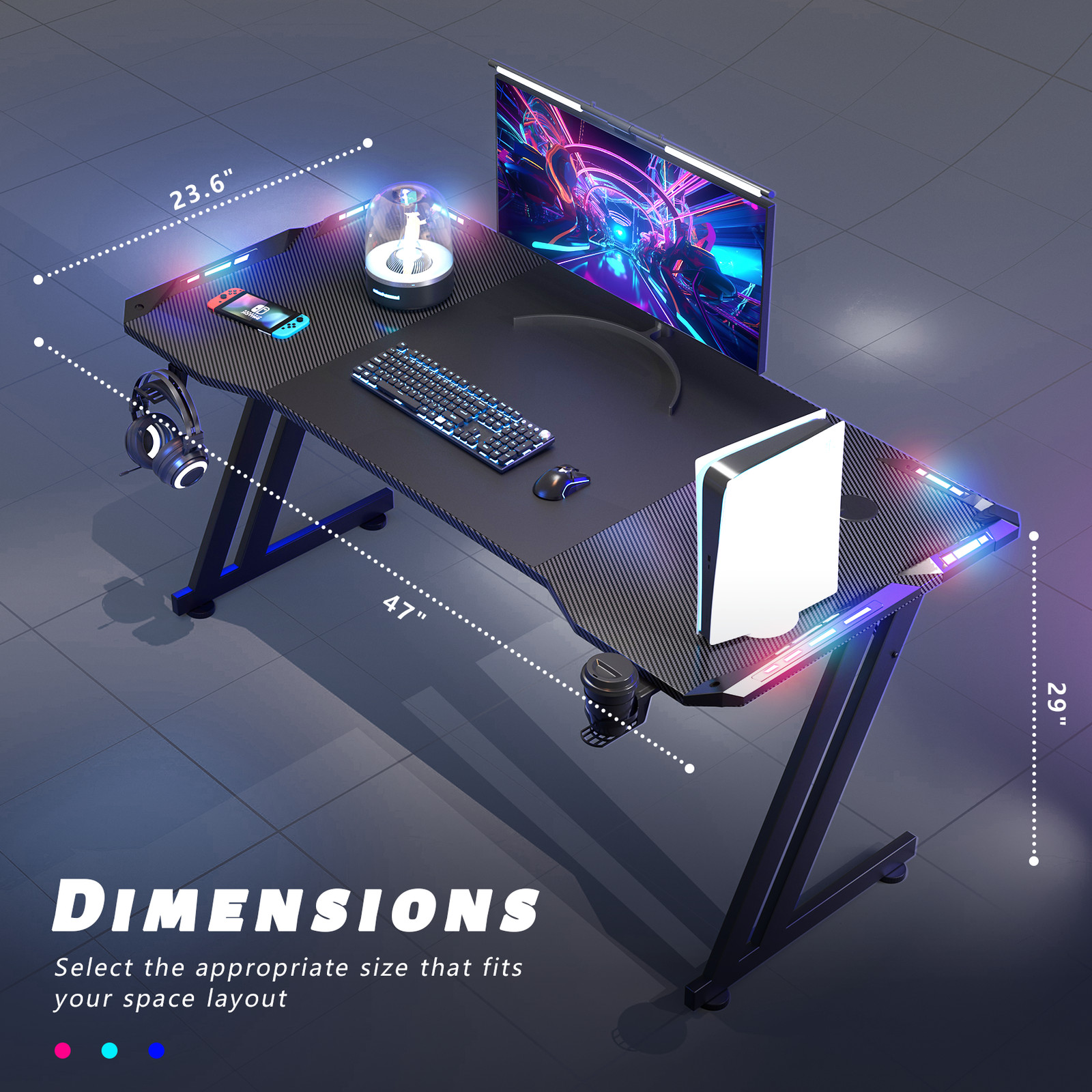 Gaming Desk with Headphone Hook & Cup Holder, LED Gaming Table, Computer Desk