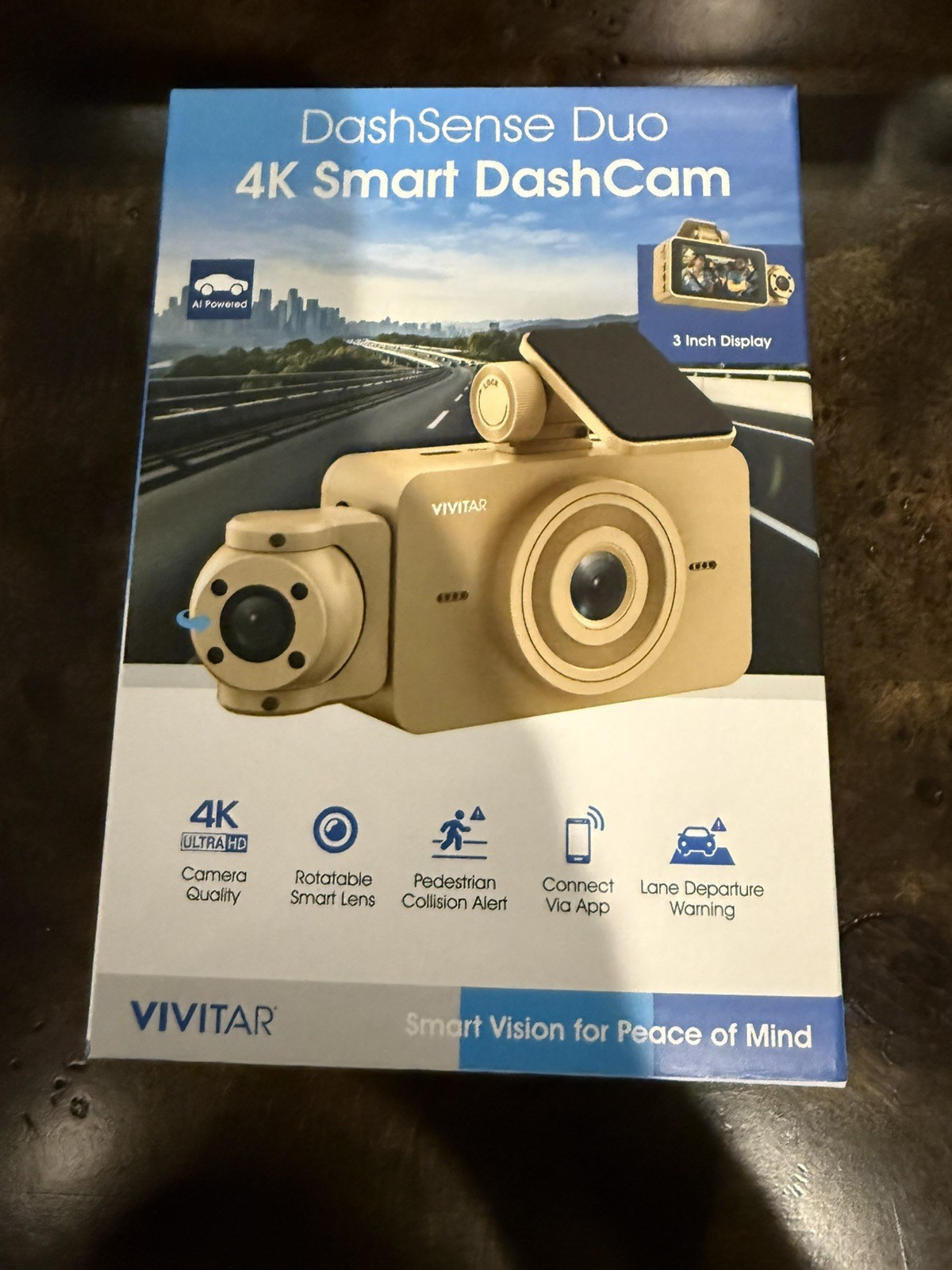 Vivitar DashSense Duo 4K Smart DashCam Tan Color NEW