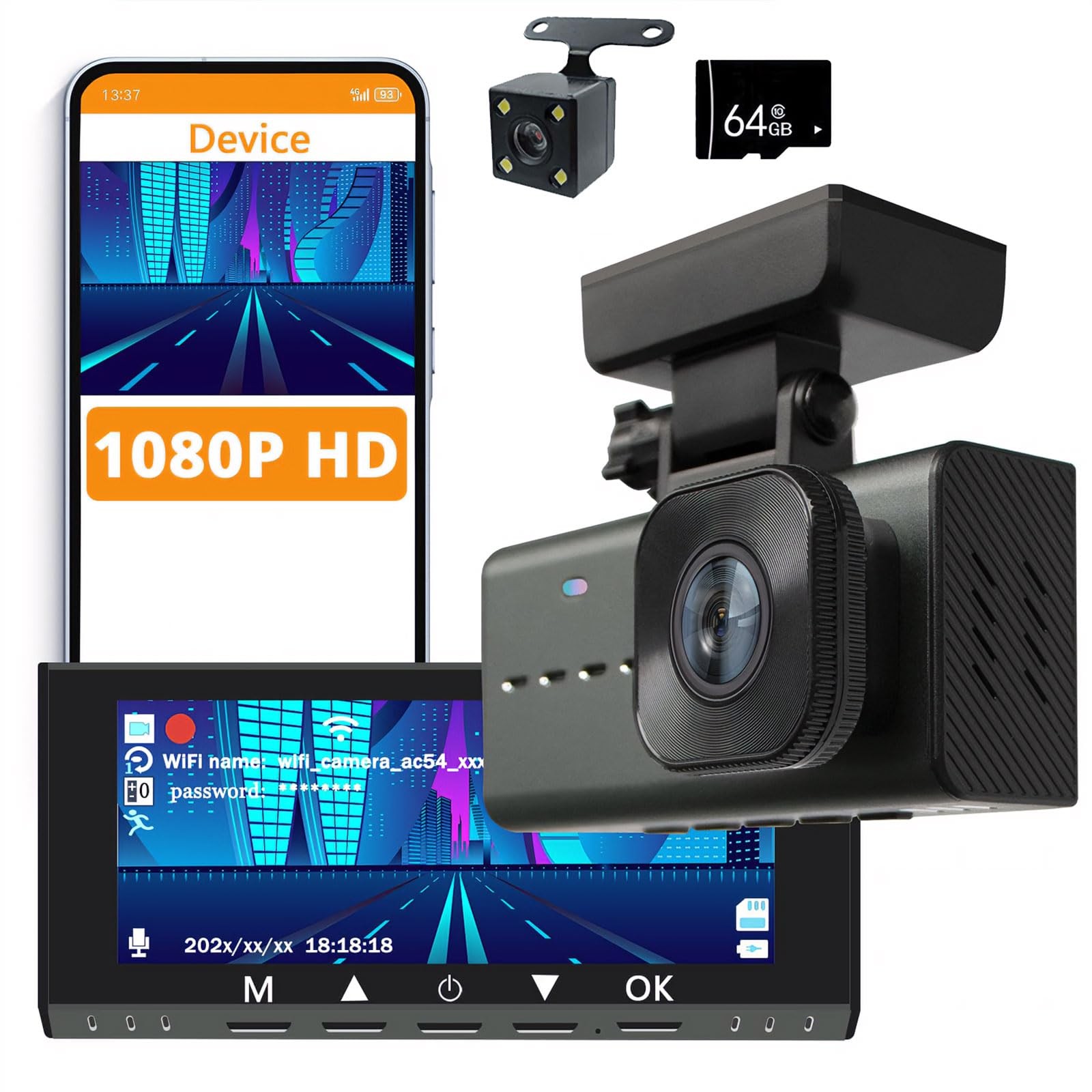 1080P Front + 720P Rear Dual Dash Cam, 3.16" IPS Screen, Built-in WiFi, Night...