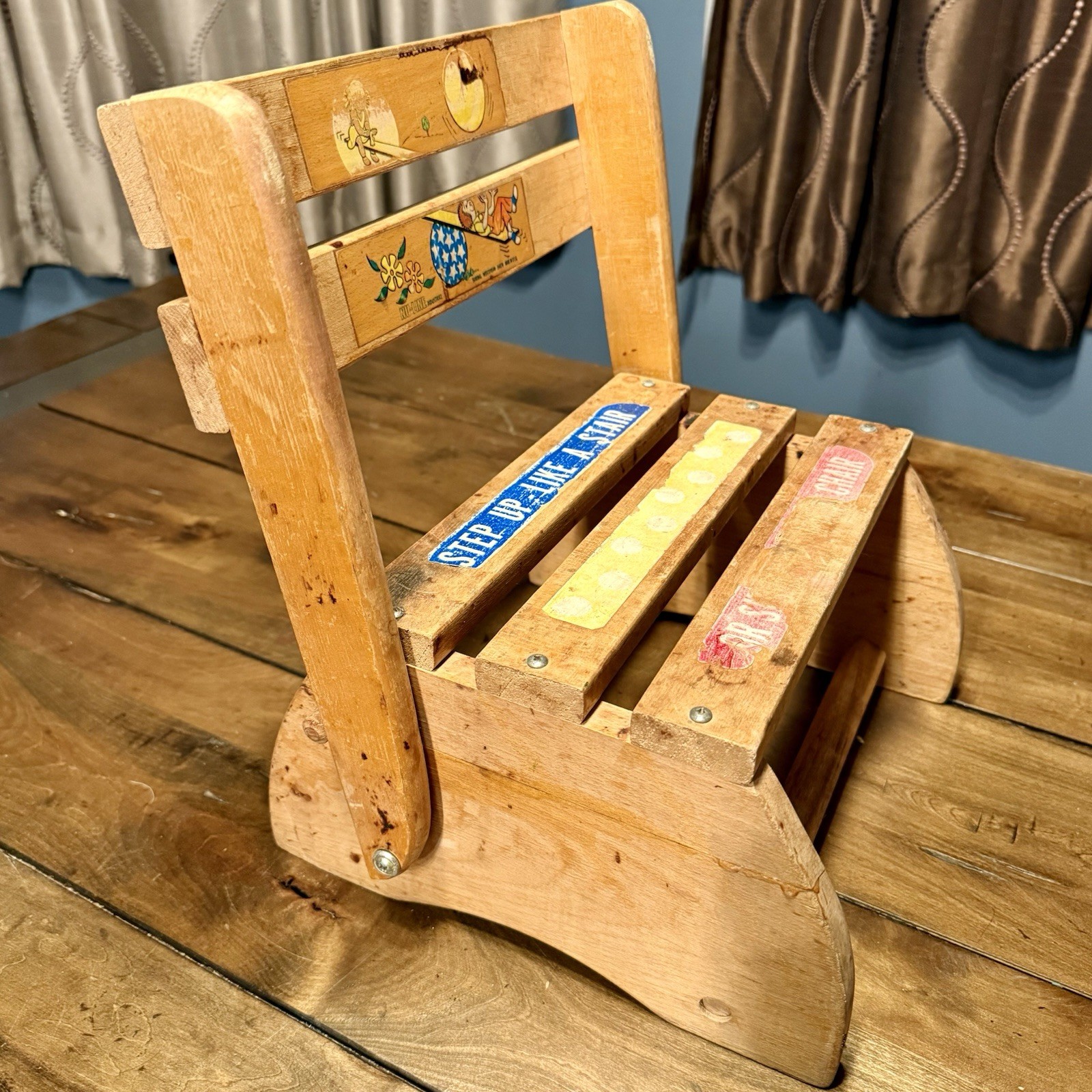 VTG 60s MCM Nu-Line Wood Wooden Child Kid Folding Step Stool Sitting Chair USA