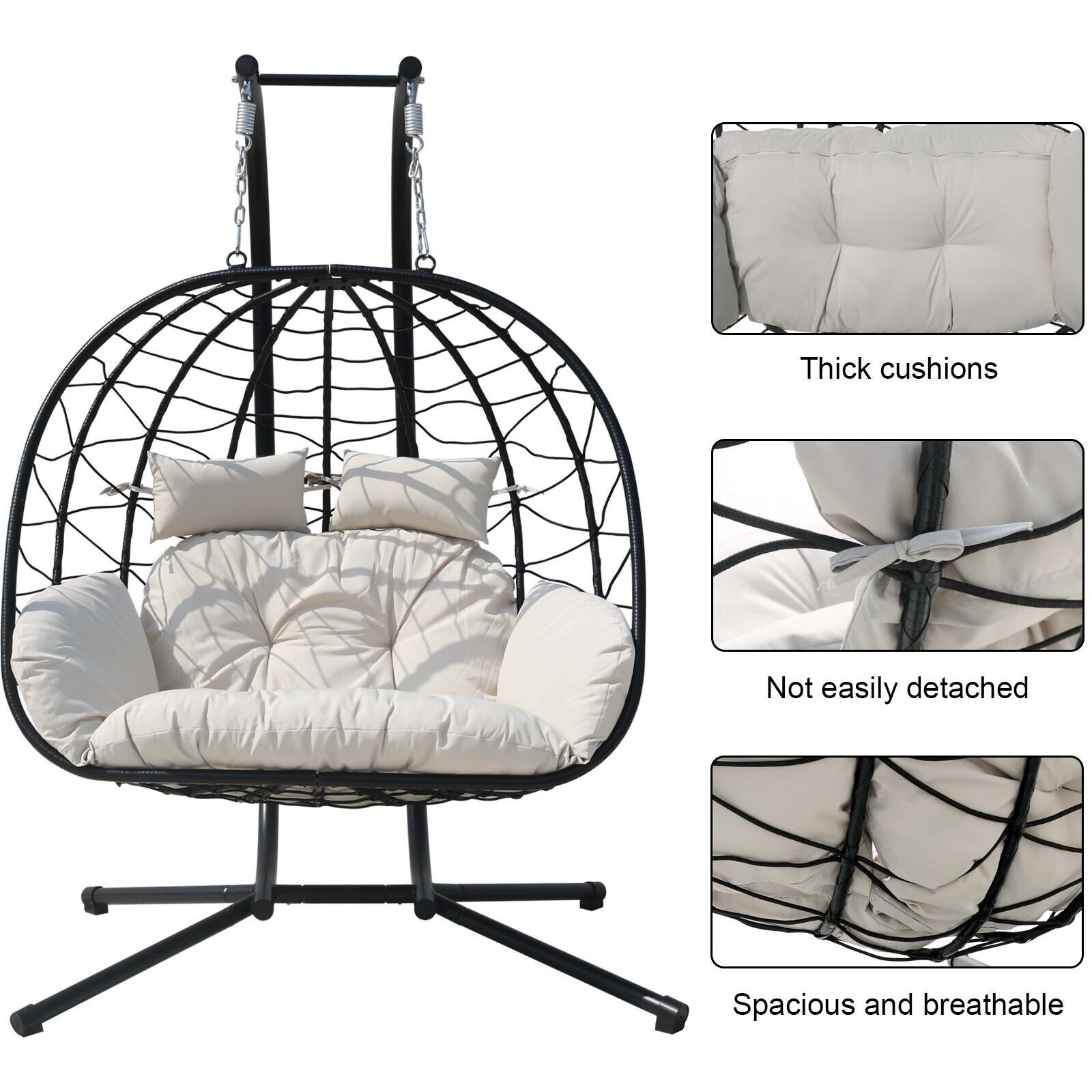 2-Person Hanging Egg Chairs for Outside Double Porch Swing Chair with Stand
