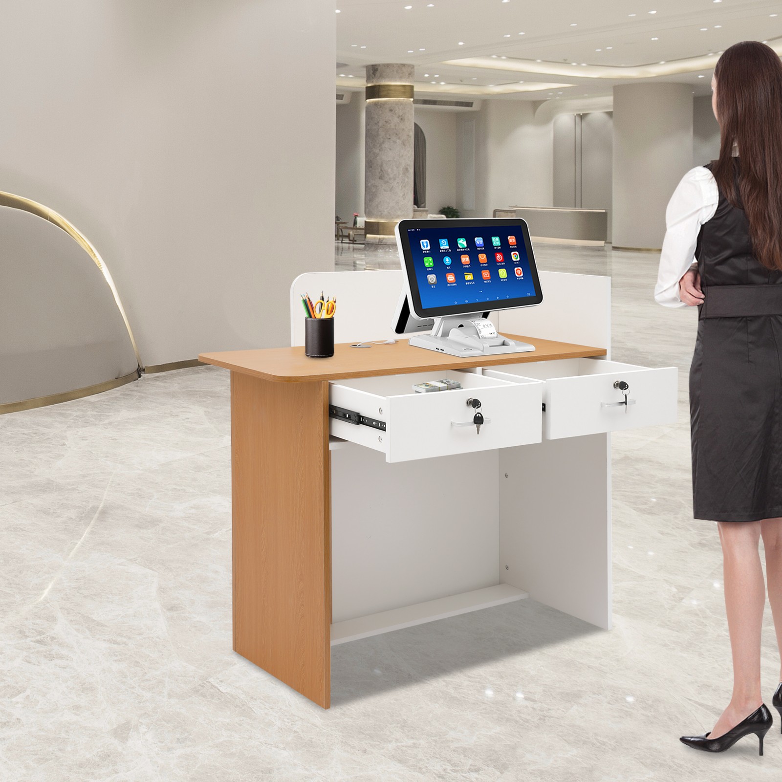 Reception Desk w/Dual LED Light Strips 2 Lockable Drawer Retail Checkout Counter