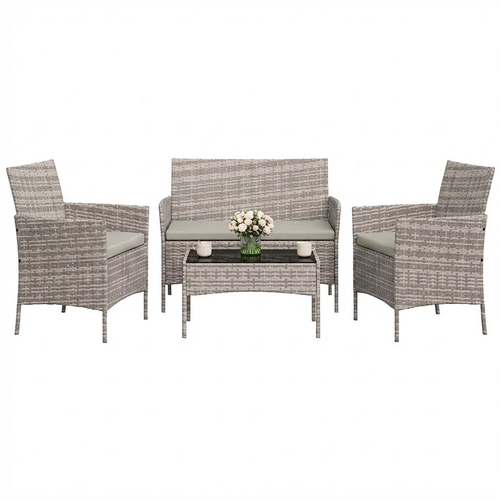 Ⓜ️4-Piece Patio Furniture Set, Rattan Outdoor Furniture with Upholstered Sofa