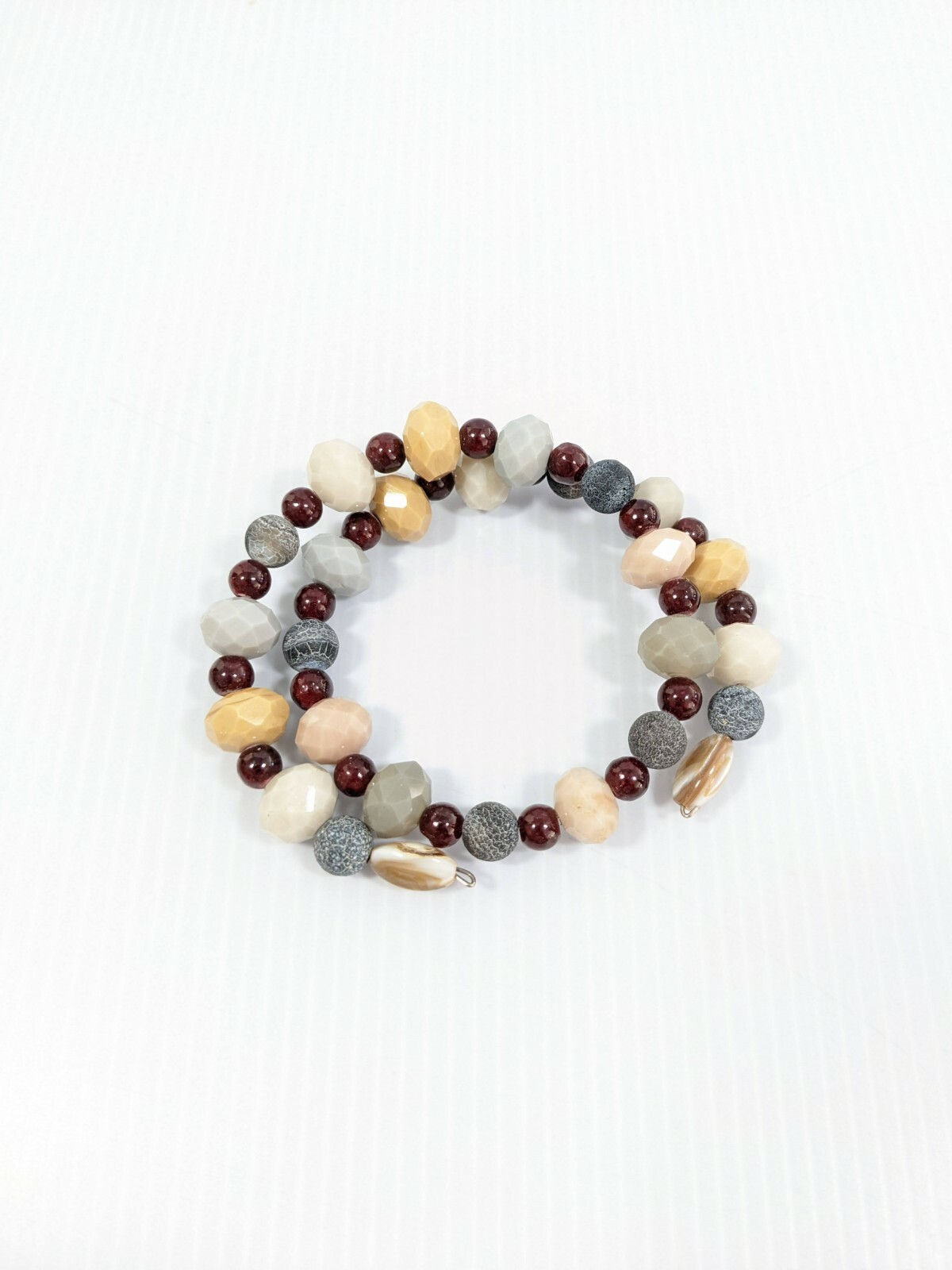 Artisan gray Beige Red Glass Bead Memory Wire Wrap Bracelet