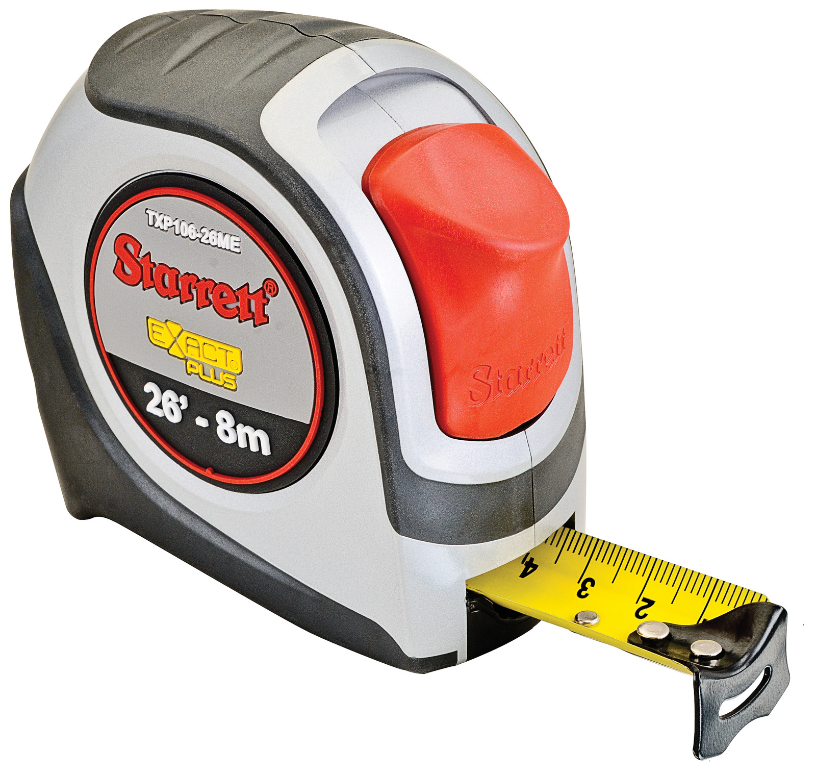 26'/8m English/Metric Tape Measure, Starrett Exact Plus, 1.06"Wide, 1/16ths & mm
