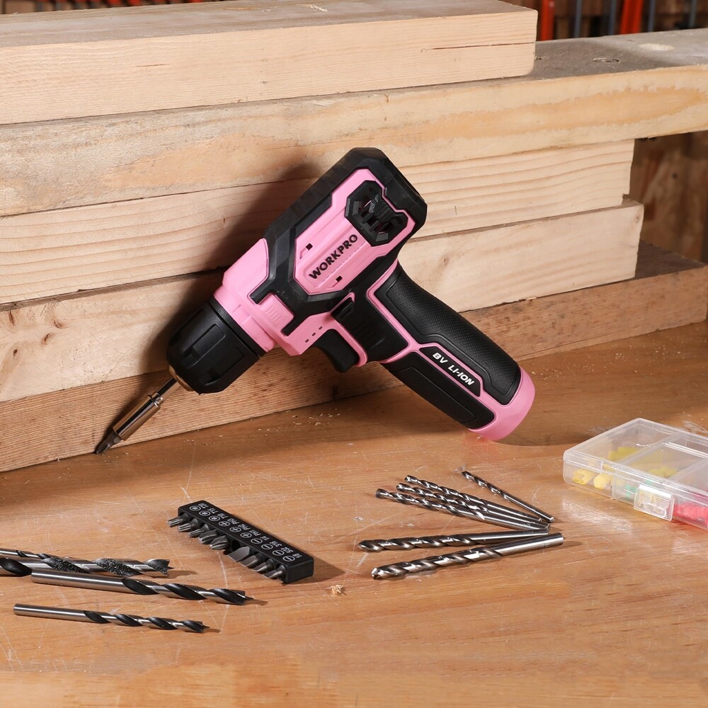 WORKPRO Pink Cordless Drill Driver Set 3/8 Keyless Chuck 53pc Bit Electric Drill