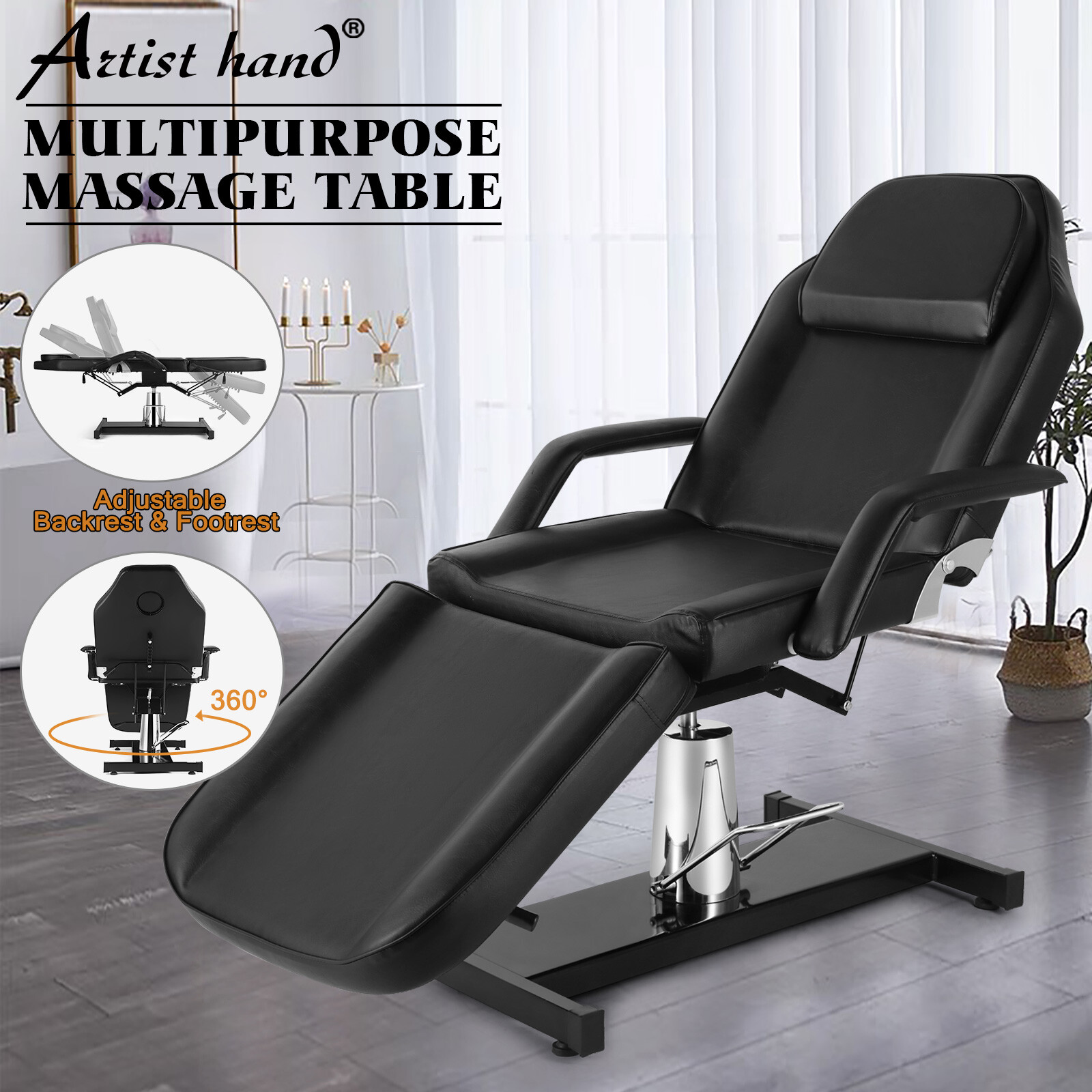 360° Swivel Hydraulic Black Massage Table Tattoo Salon Chair Bed Barber Chair
