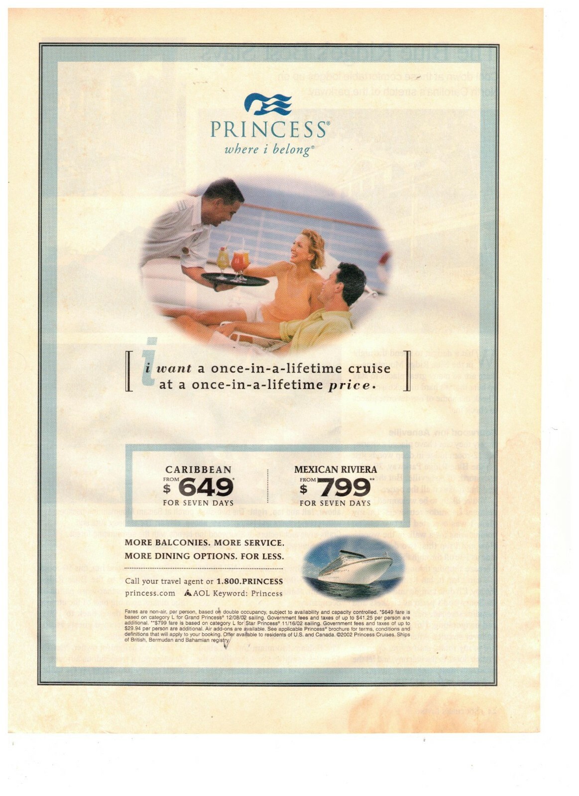 Princess Cruises Once in a Lifetime and Price Vintage 1993 Print Ad