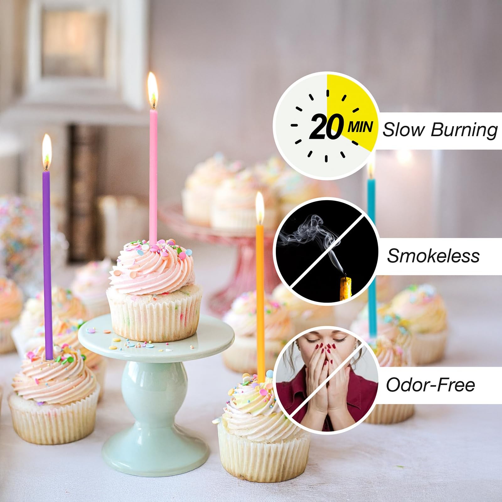 Apluselection 40-Count Rainbow Birthday Candles, Tall Thin Birthday Cake Can...