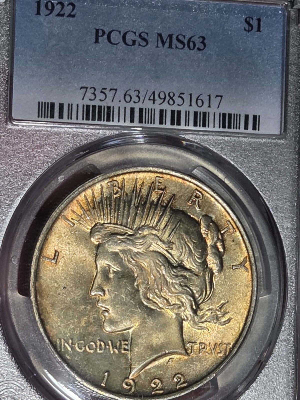 1922 $1 Peace Dollar PCGS MS63 Toned
