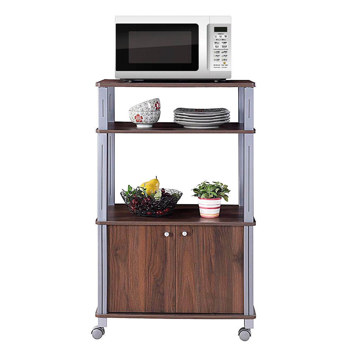 Bakers Rack Microwave Stand Rolling Storage Cart Multi-functional Display Walnut