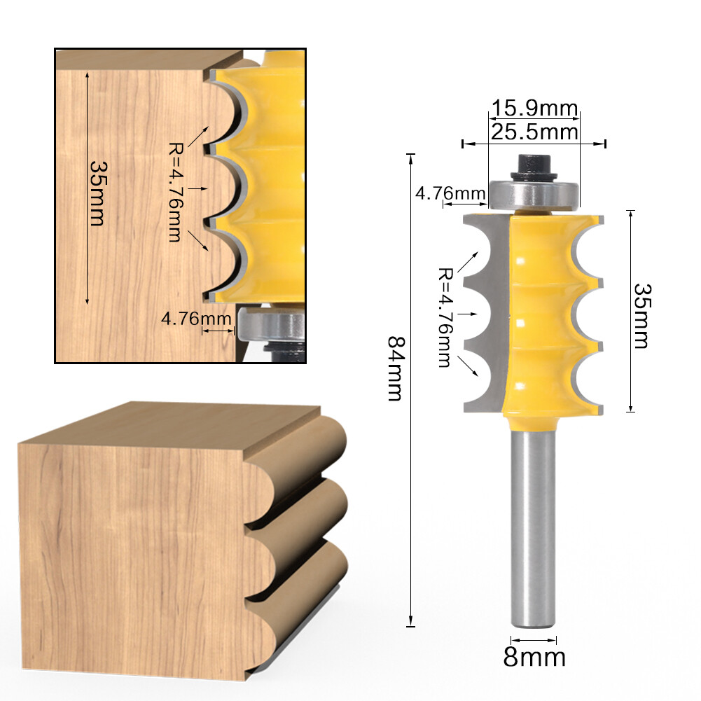 2pcs 8mm Shank Triple Bead & Triple Flute Large Molding Router Bits Set Cutter