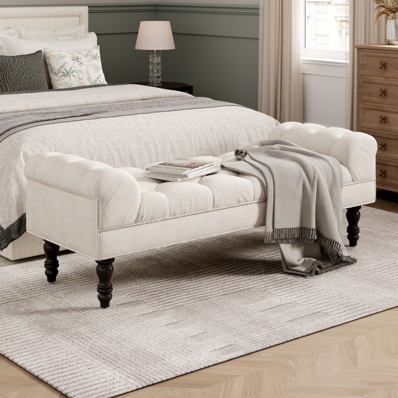 Button-Tufted End of Bed Bench,Large Upholstered Ottoman with Rolled Arms Beige