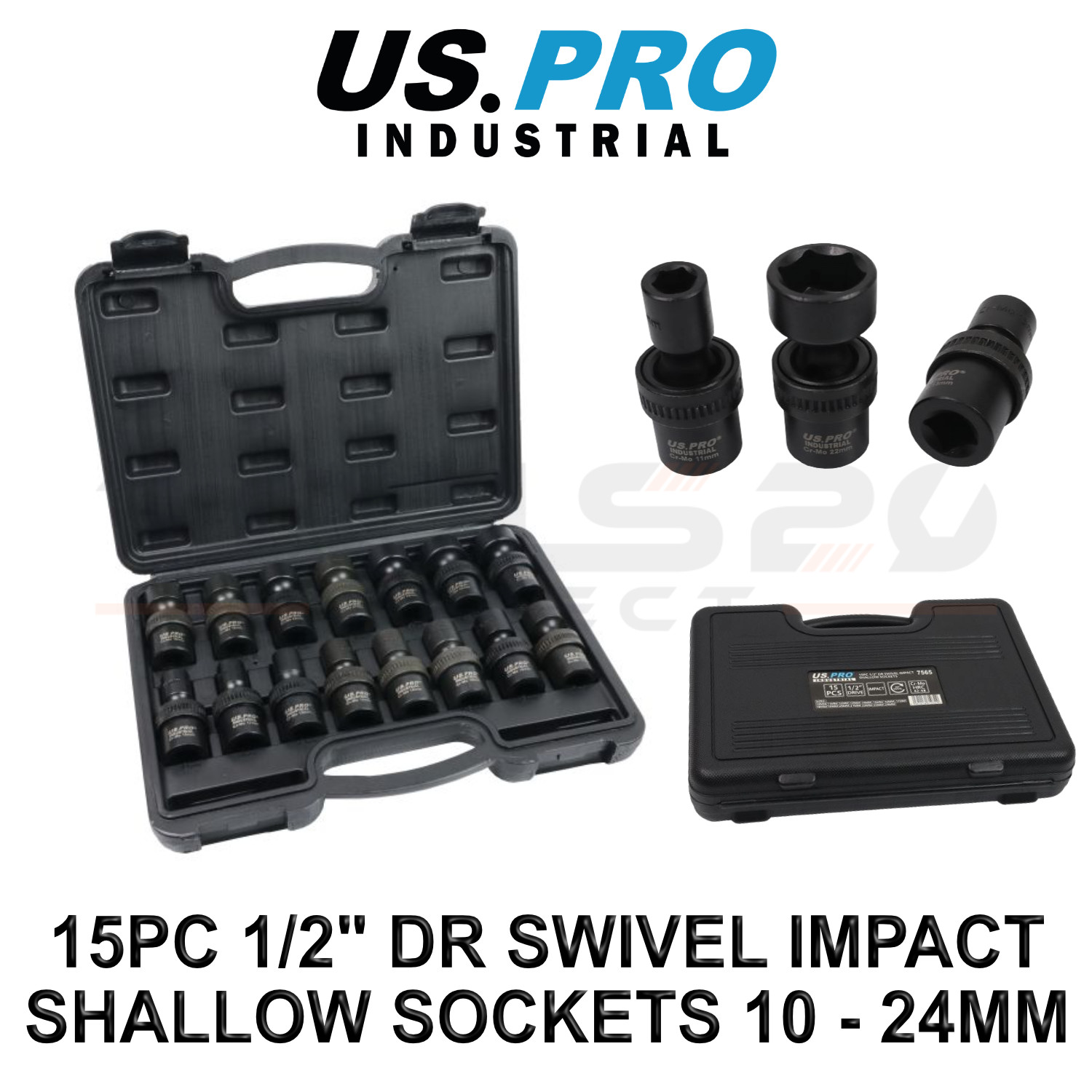 US PRO INDUSTRIAL 15pc 1/2" Dr Swivel Impact Shallow Sockets 10 - 24mm 7565