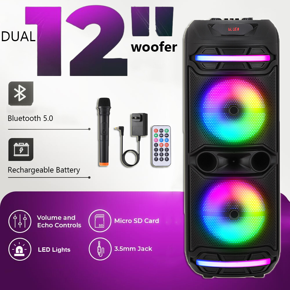 Dual 12" Powerful Sound Bluetooth Party Speaker Microphone Karaoke Rechargeable