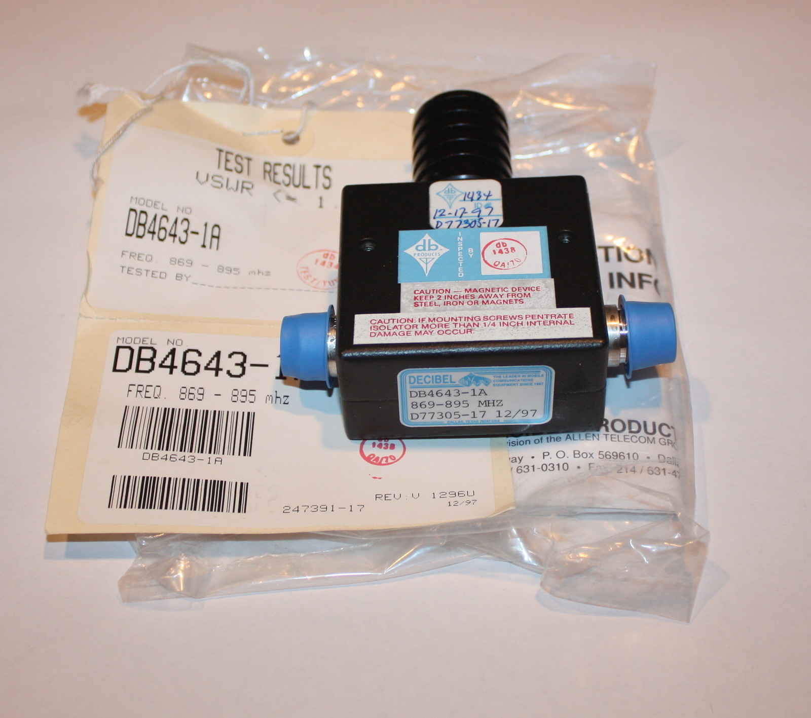 DB4643-1A UHF 800 MHz Single Stage Tunable RF Isolator w/ Load - New