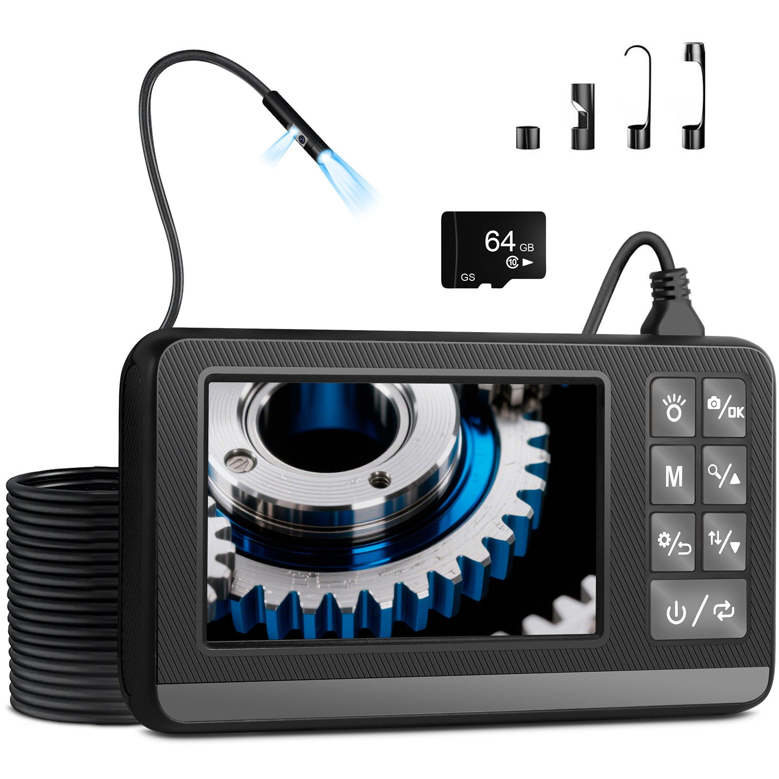 Dual Probe Endoscope 5M (16.4FT), 64GB Memory Card, IP67 Waterproof 1080P HD