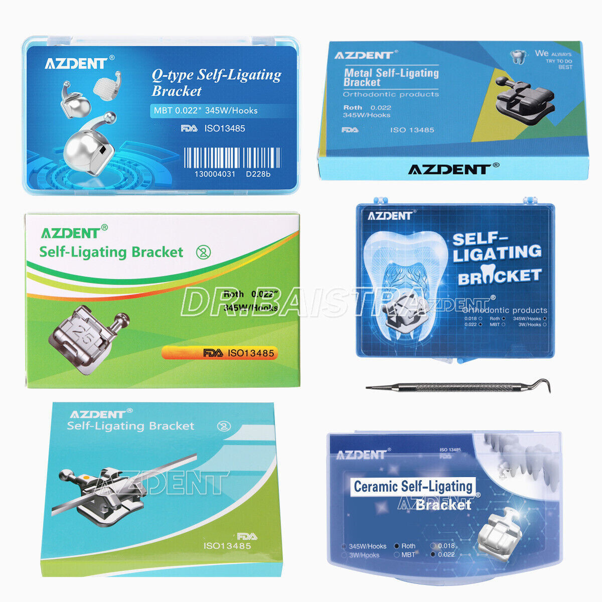 AZDENT Dental Self-Ligating Bracket Buccal Tube MBT Roth 0.022 Hooks 345/Tool