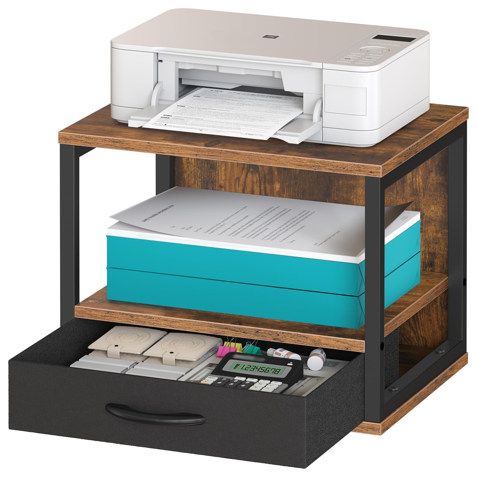 2-Tier Desktop Printer Stand with Drawer, Under-Desk Printer Table with Stora...