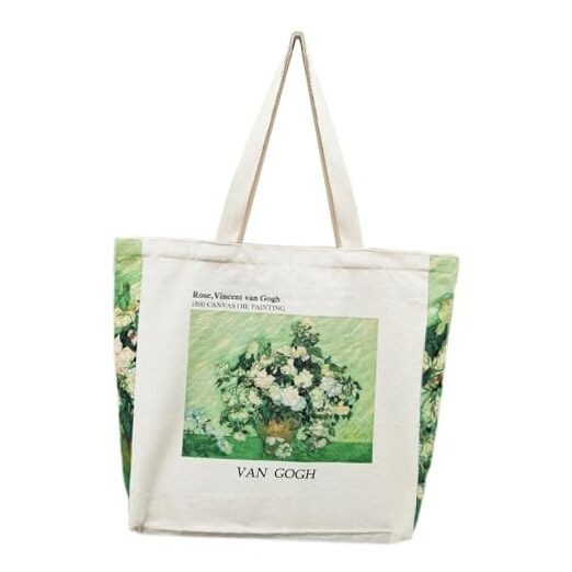 Aesthetic Canvas Tote Bag for Women, Vintage Reusable Book Tote Van Gogh Roses