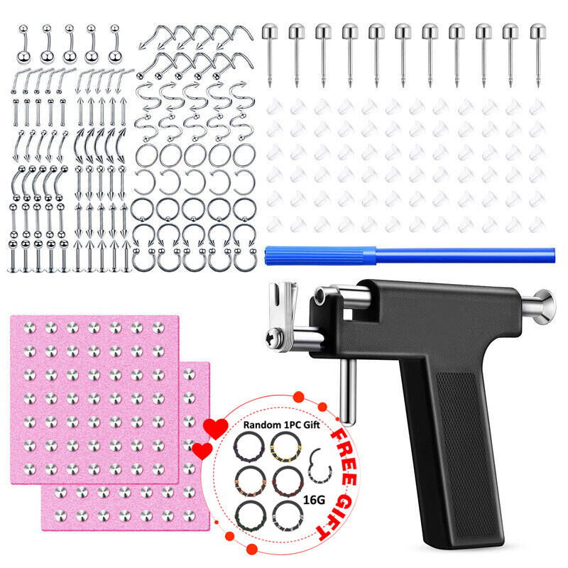 208 Pcs Professional Body Piercing Gun Tool Kit Ear Nose Navel Nipple Labret Set