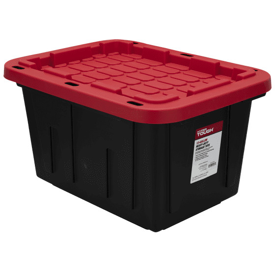 Hyper Tough 12 Gallon Storage Bin w/ Snap Lid, Black/Red Heavy Duty Container.