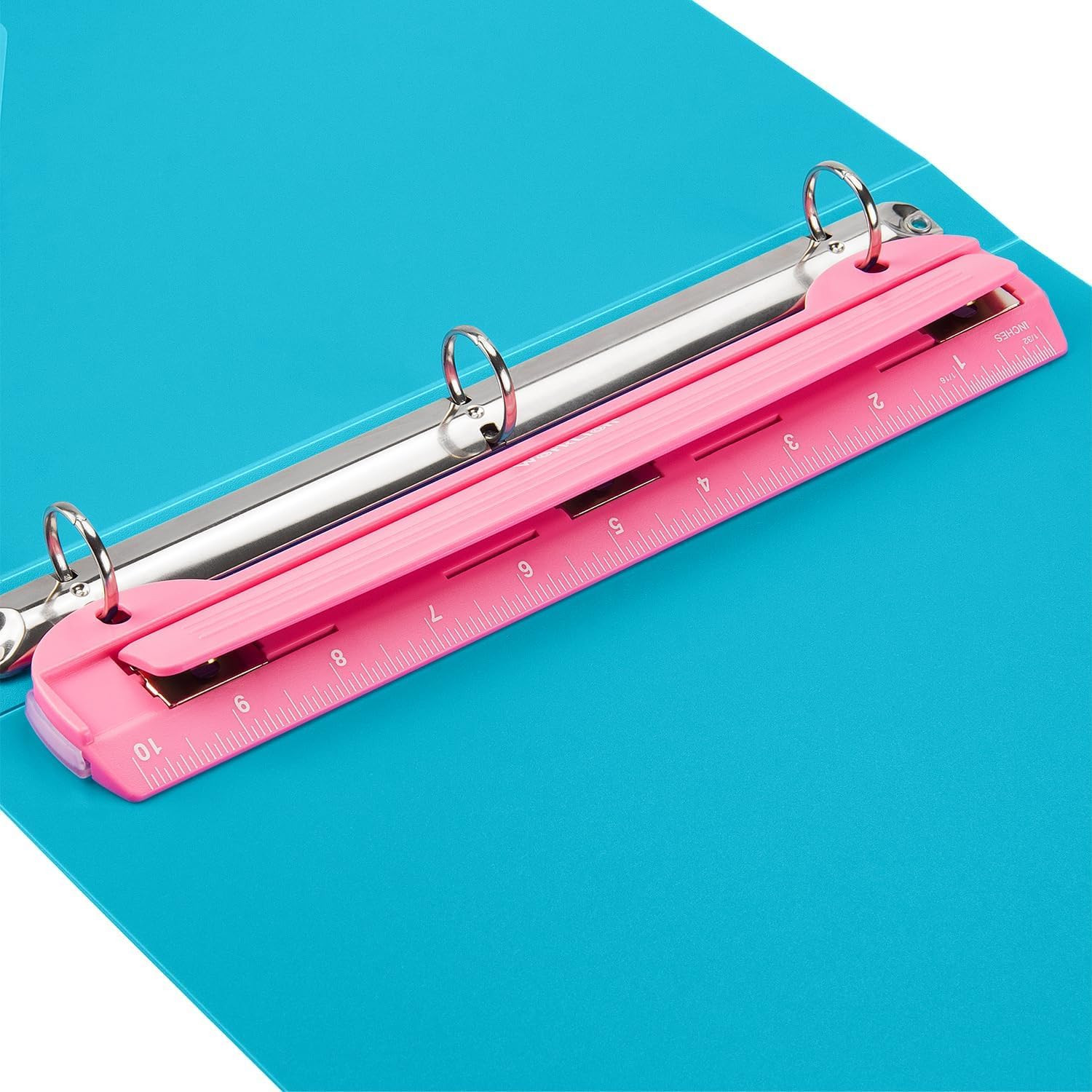 3 Ring Hole Puncher for Binders,Pink,With 10" Ruler, plus Paper-Chip Tray Design