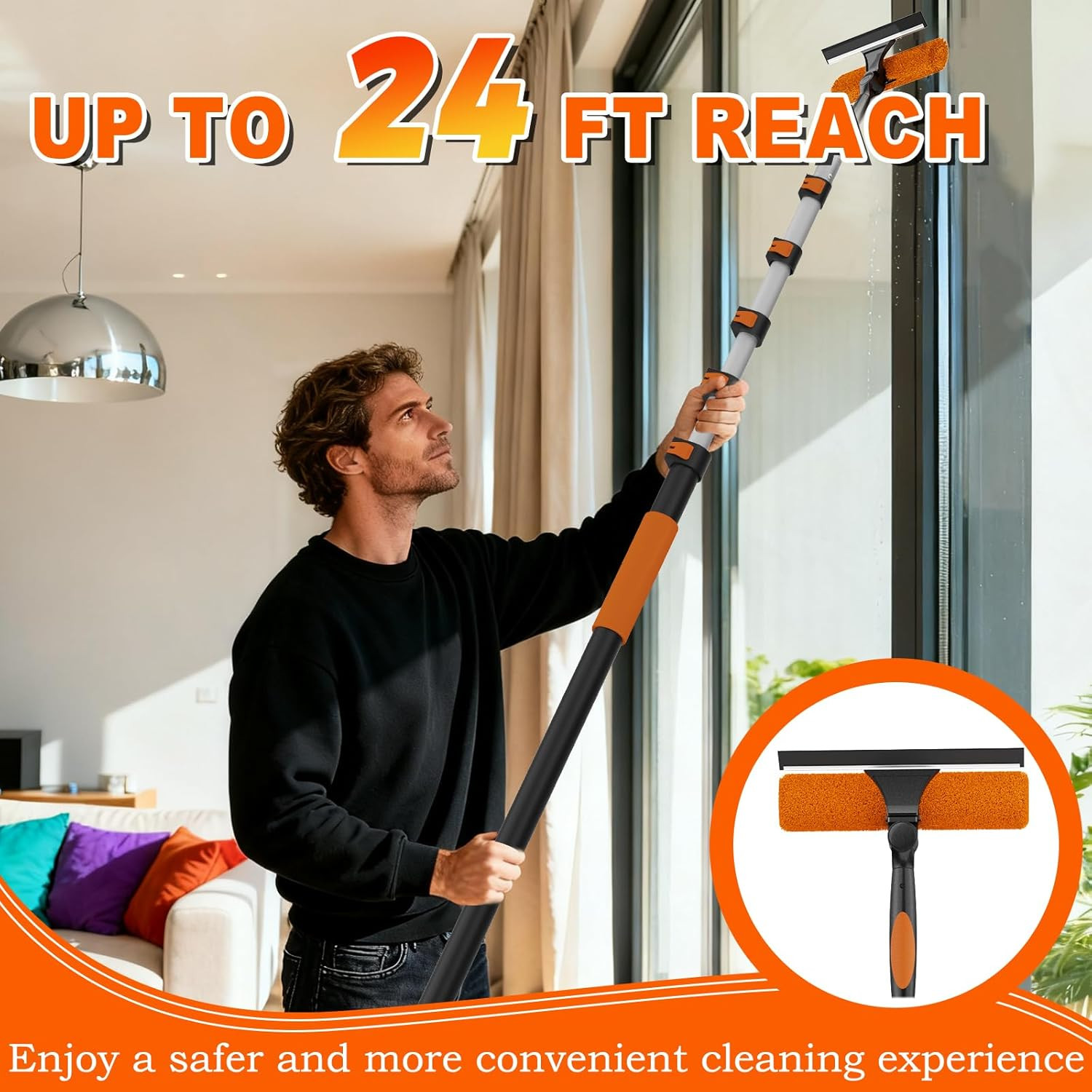30FT Reach 2-in-1 Window Squeegee, Professional Window Washing Kit with 5-24FT E
