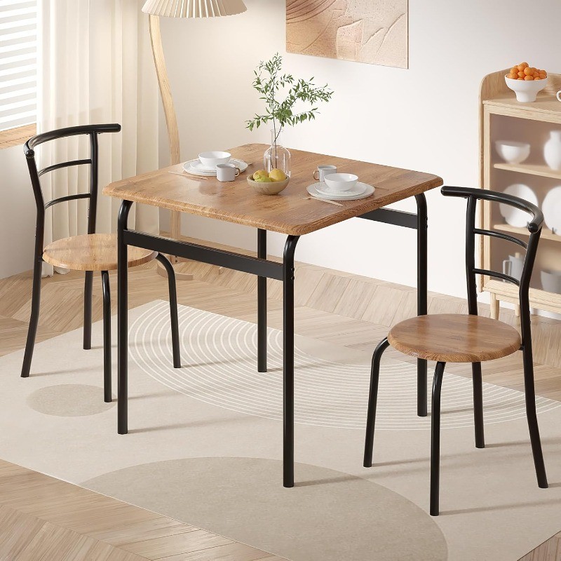 3 Piece Dining Table & Chairs Set for 2, Metal and Wooden Square Kitchen