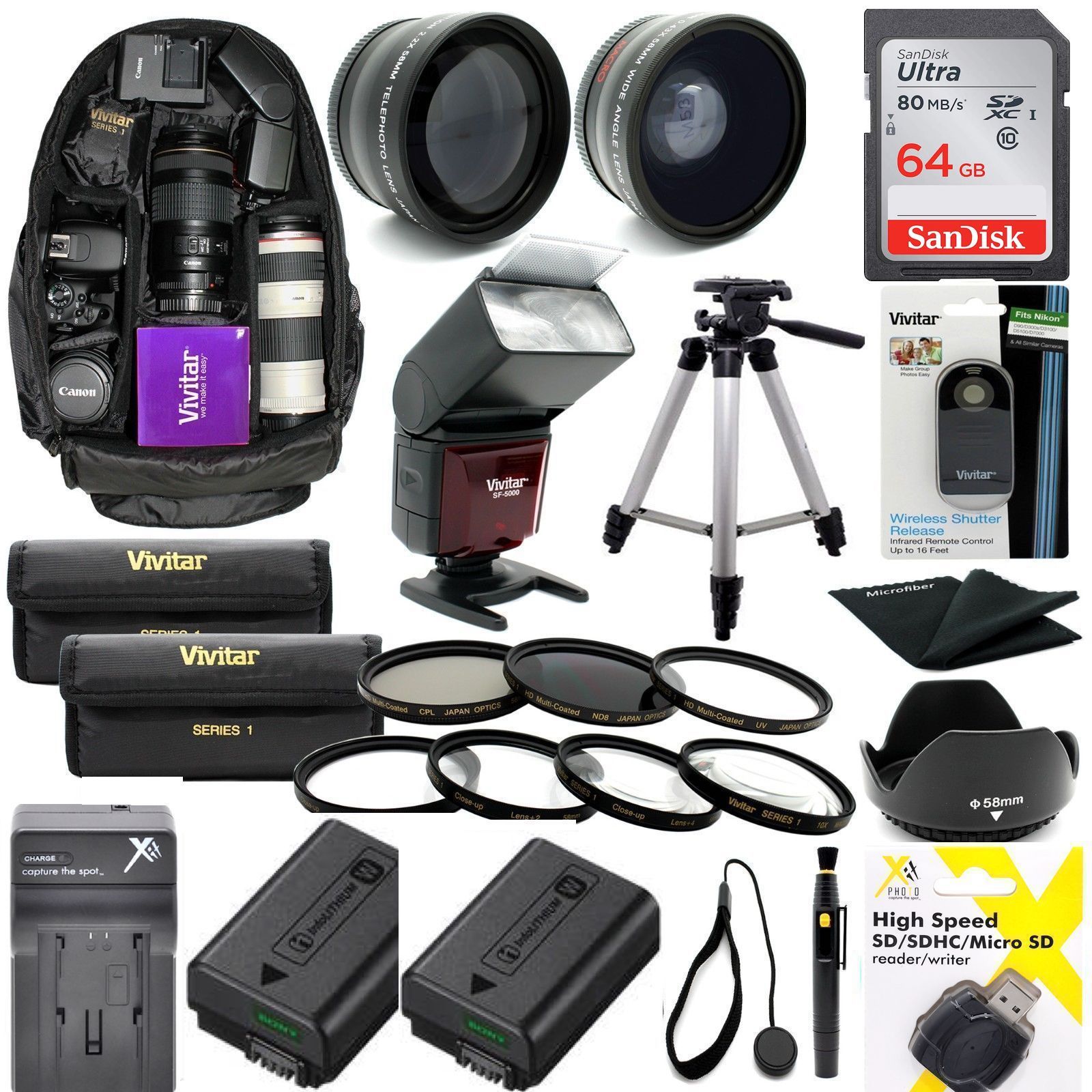 SONY ALPHA A6000 PREMIUM 8K HD 64GB ACCESSORIES KIT LENSES TRIPOD BACKPACK FLASH