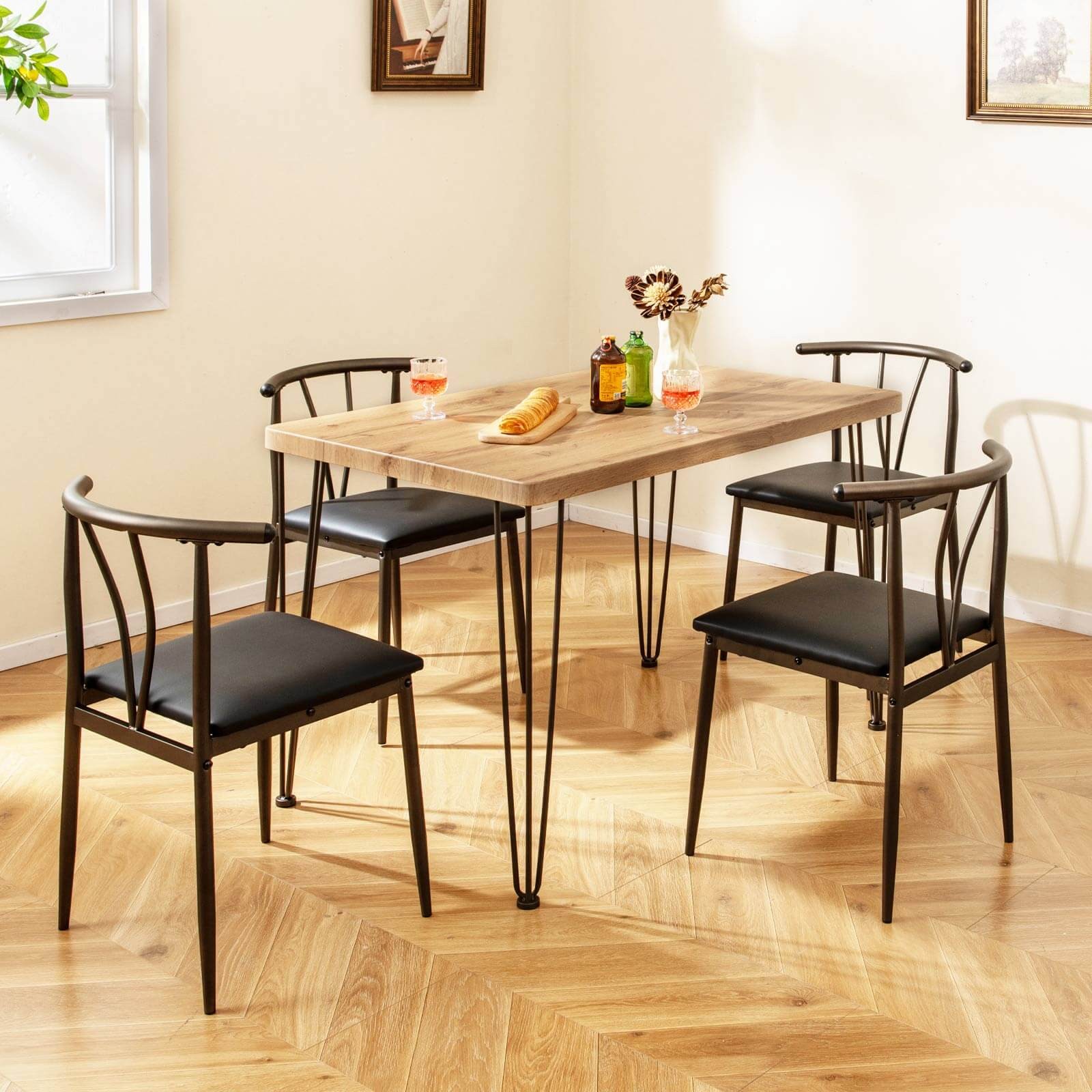 Rectangular Kitchen Table and 4 Armless Chairs w/ Upholstered Seat, Spindle Back